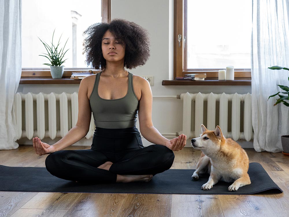 Femme méditant en lotus avec son chien Shiba Inu sur un tapis.