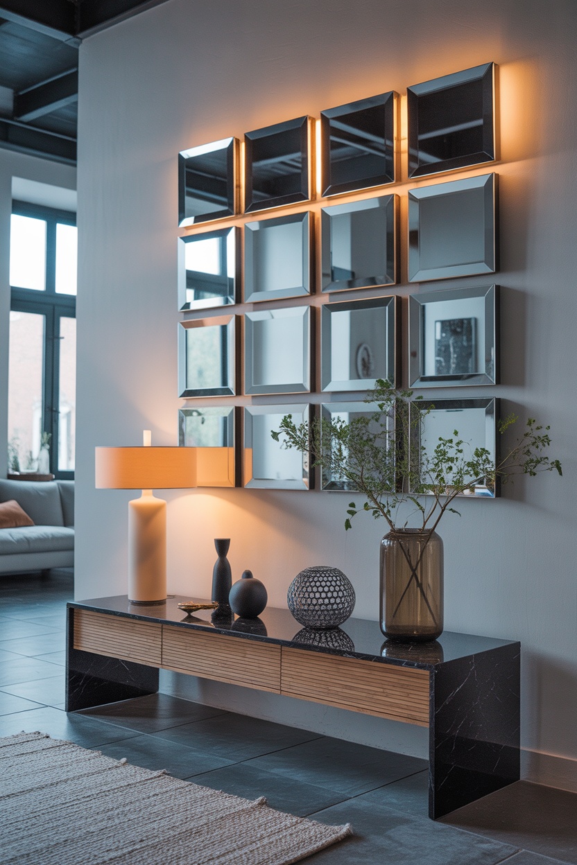 Composition géométrique 16 miroirs carrés cadres dorés grille 4x4 entrée design
