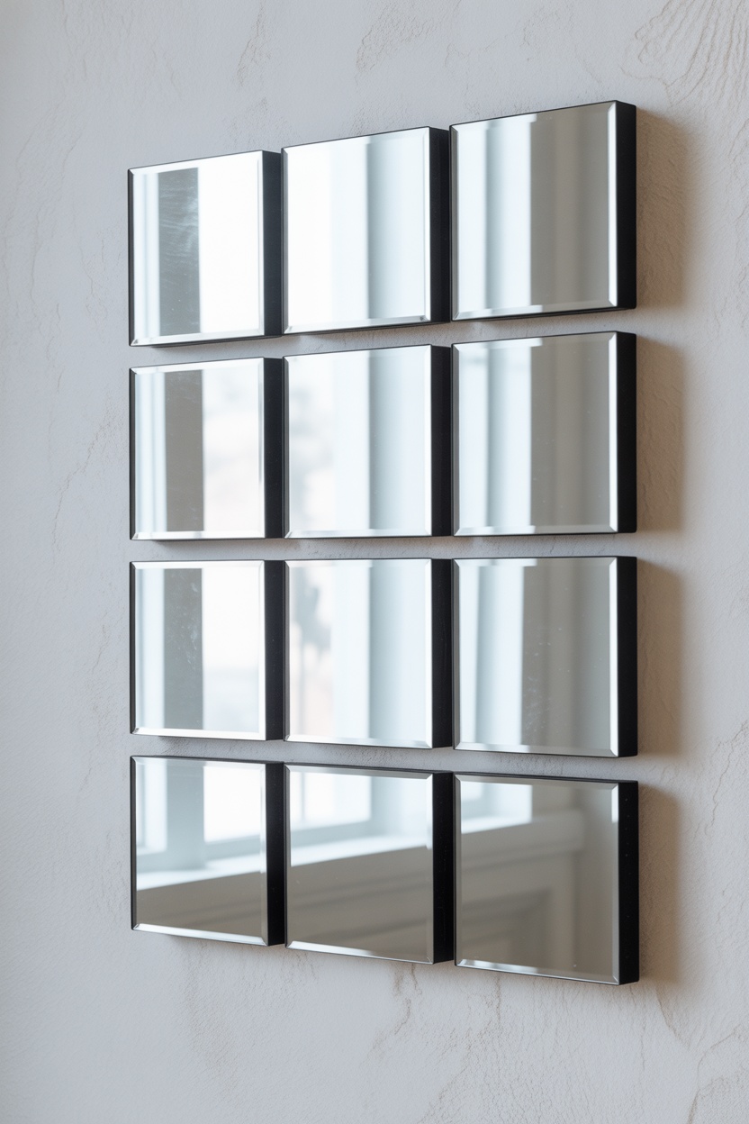 Composition 12 miroirs rectangulaires cadres noirs biseautés grille 4x3 minimaliste
