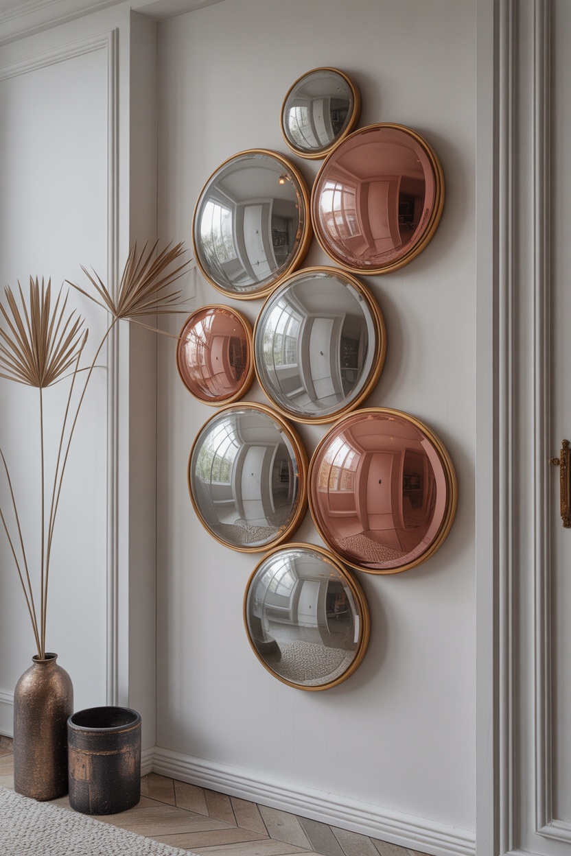 Composition miroirs ronds dorés et teintés rose entrée élégante