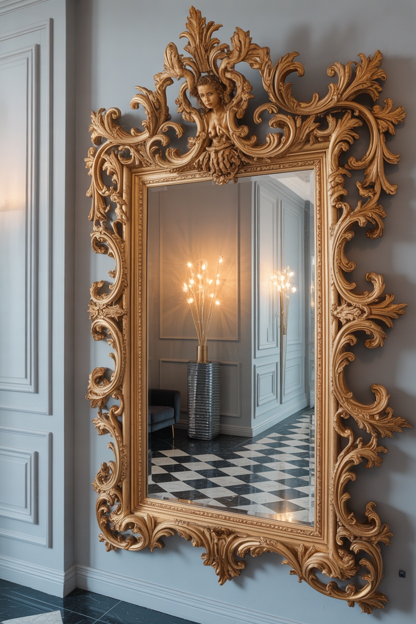 Miroir baroque doré sculpté cadre ornementé ange entrée luxueuse