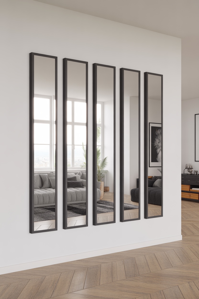 Série 5 miroirs verticaux étroits cadres noirs alignés mur blanc entrée moderne
