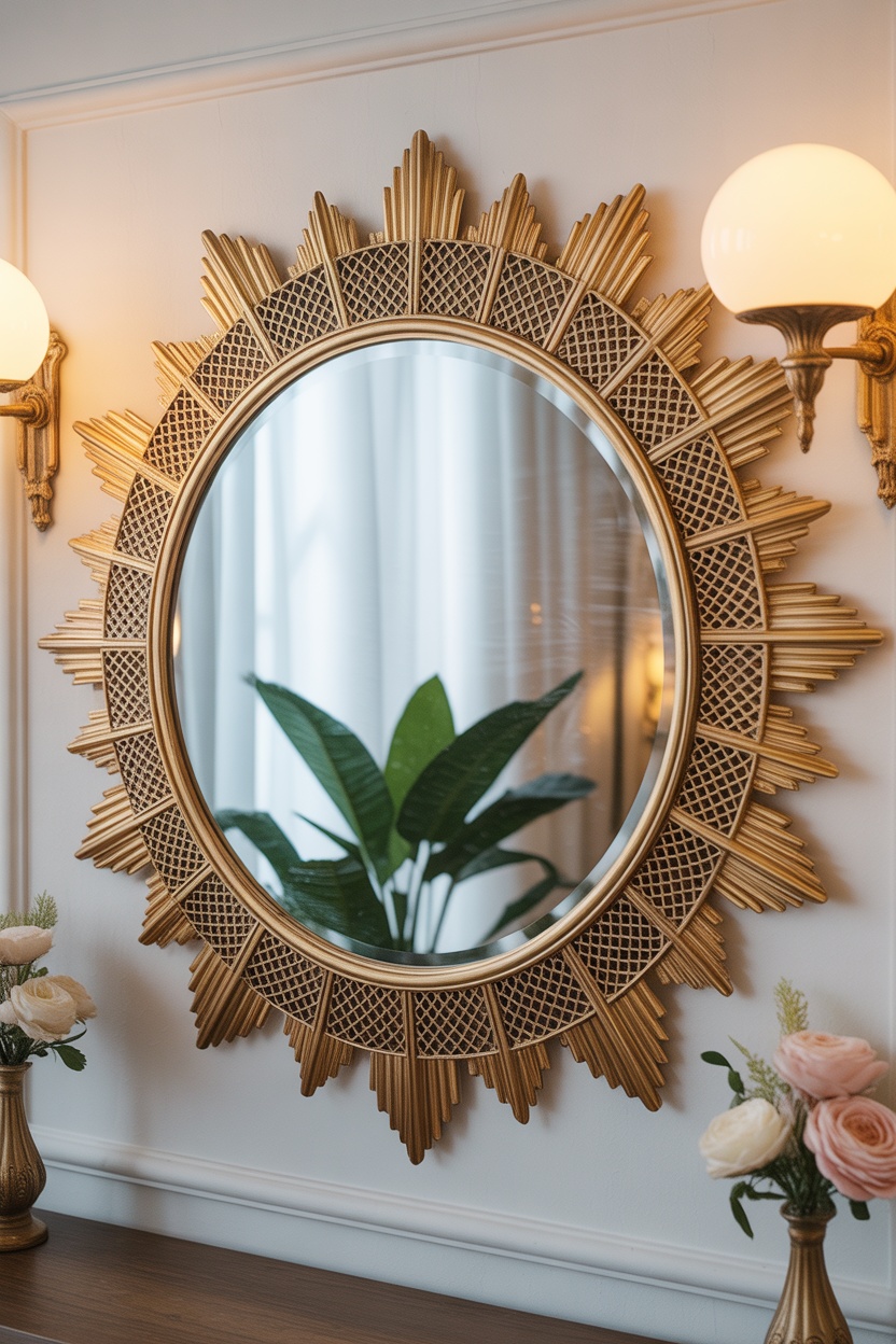 Miroir soleil Art Déco doré rayons sculptés grille losanges appliques murales dorées
