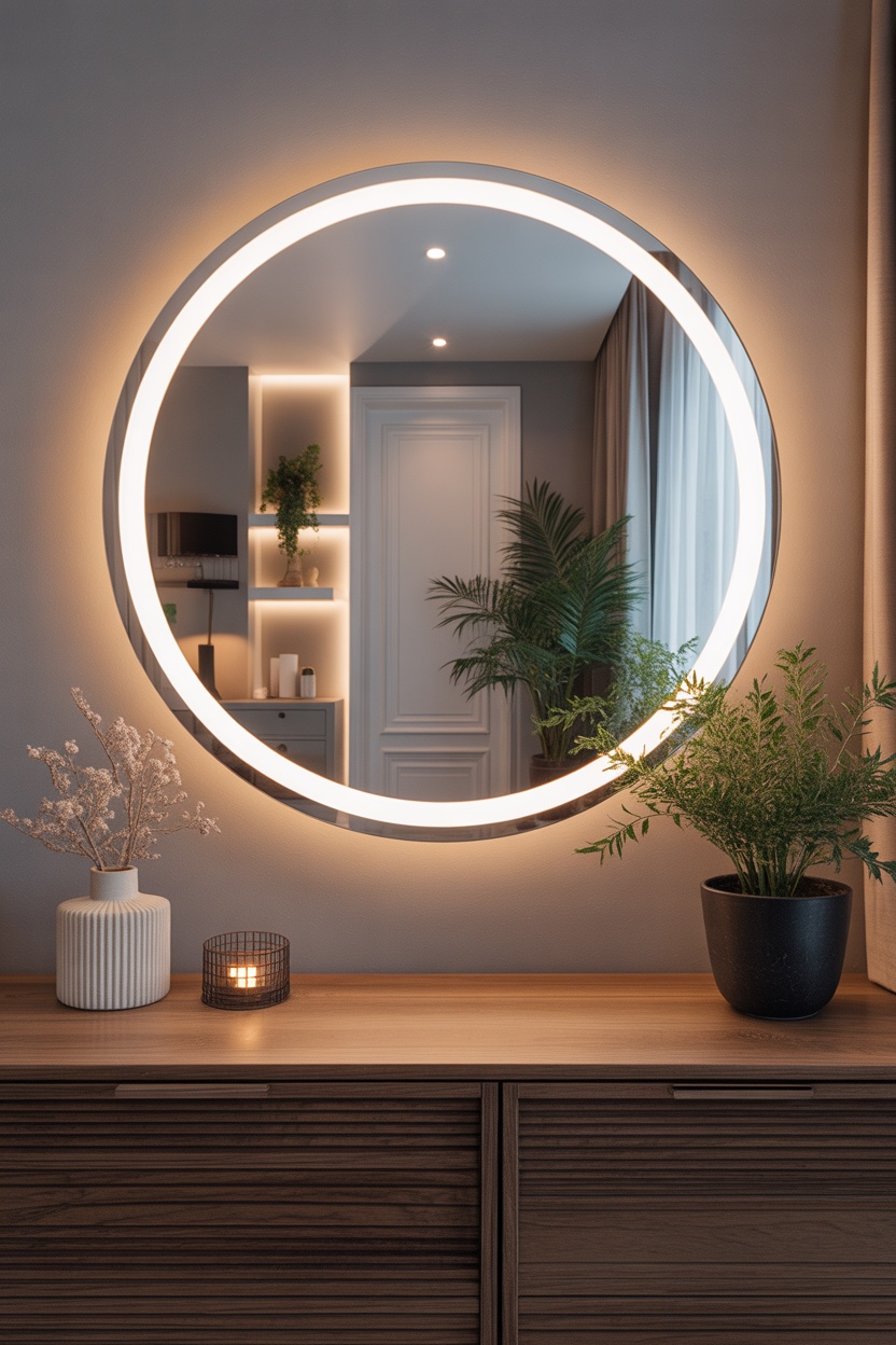 Miroir rond LED rétroéclairage halo lumineux console bois plantes entrée moderne
