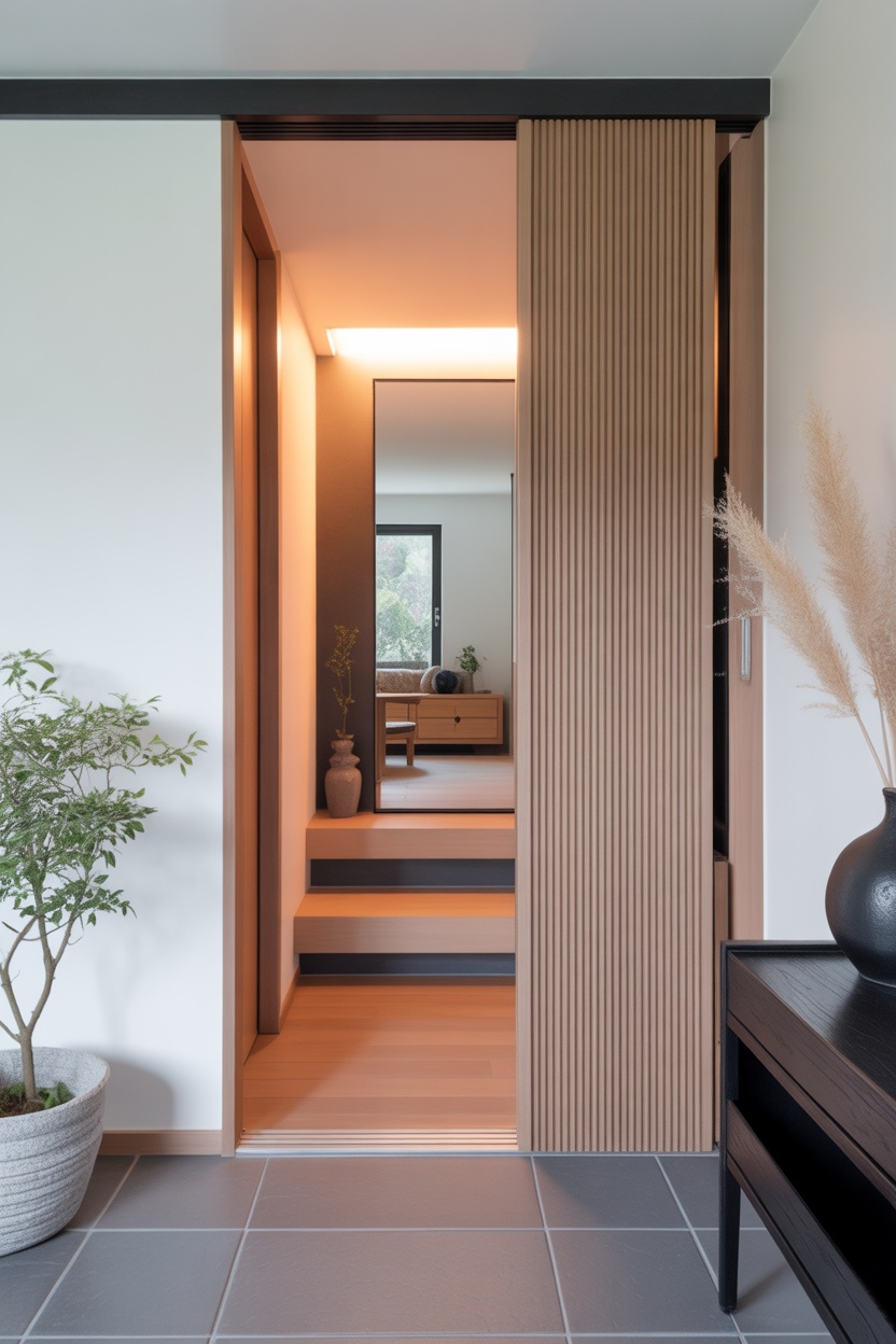 Miroir dissimulé panneau coulissant bois cannelé entrée moderne japonaise minimaliste
