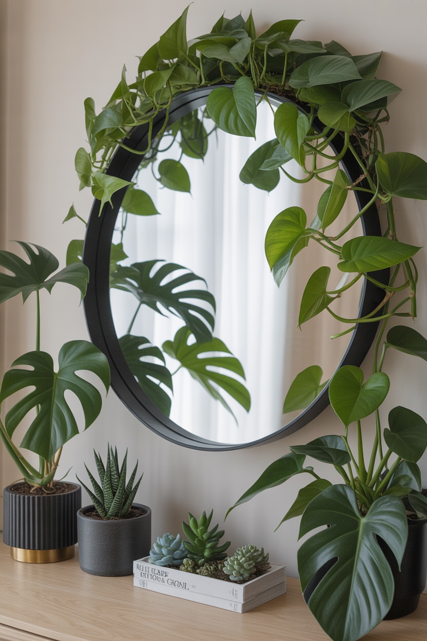 Miroir rond cadre noir encadré plantes grimpantes pothos monstera entrée jungle urbaine
