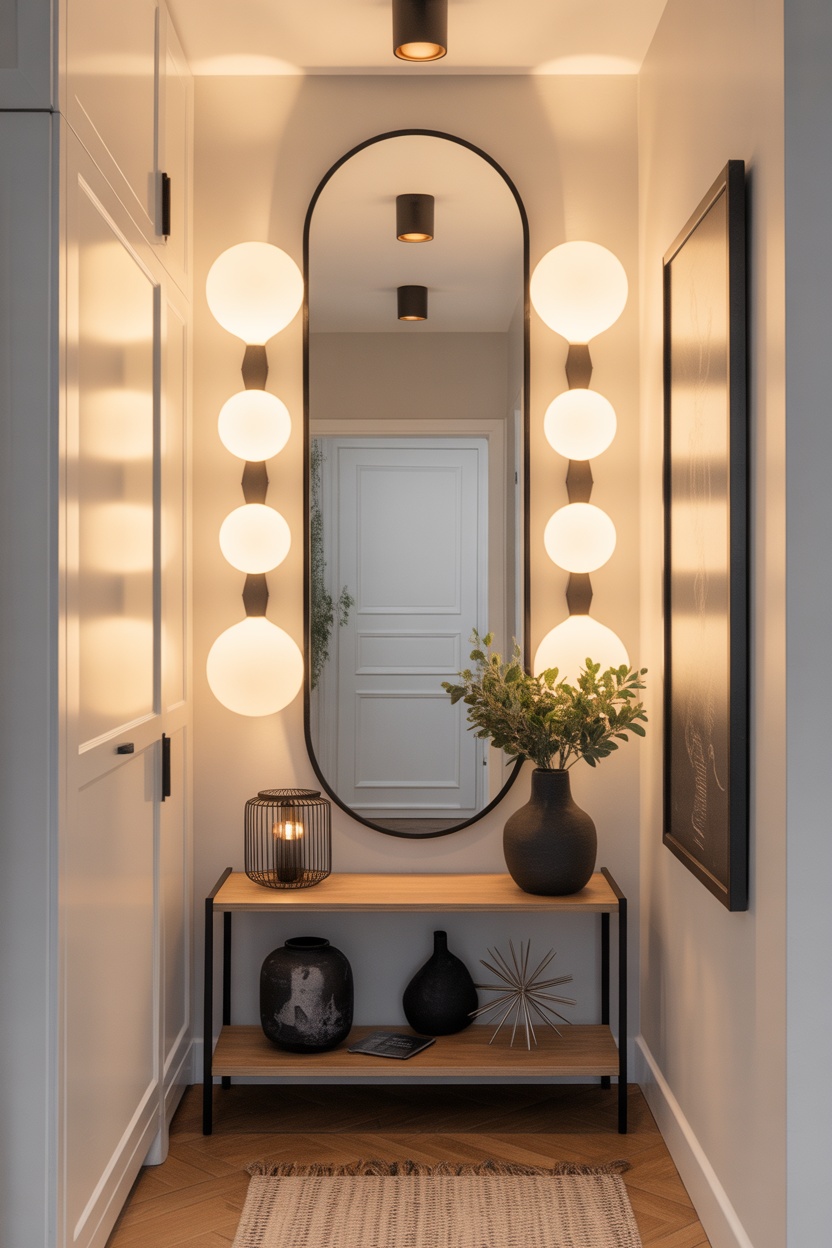 Miroir arche ovale cadre noir appliques lumineuses sphériques entrée moderne