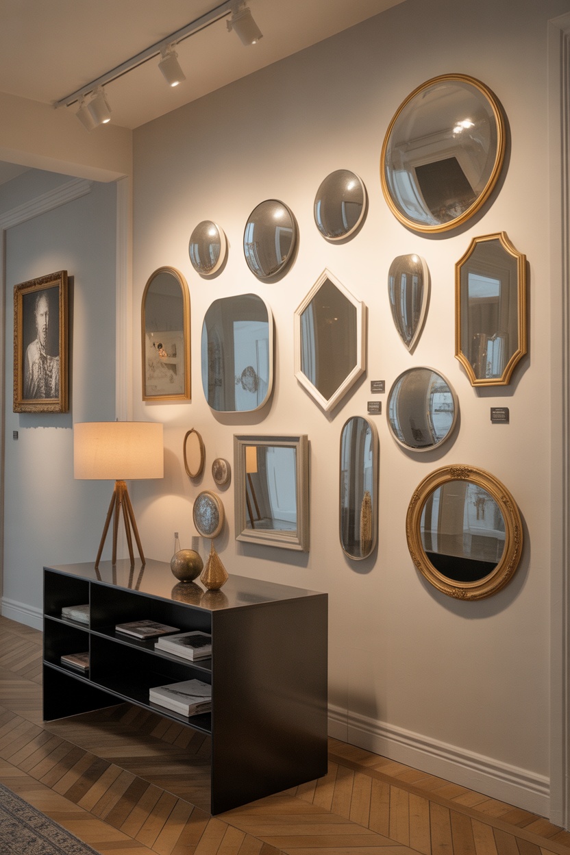 Galerie miroirs vintage formes variées cadres dorés argentés entrée artistique