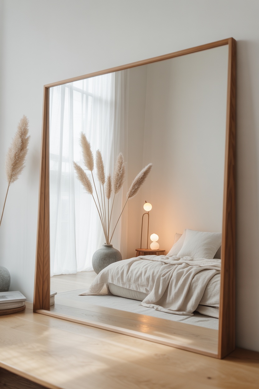 Miroir rectangulaire XXL posé sol cadre bois naturel chambre minimaliste tons beiges
