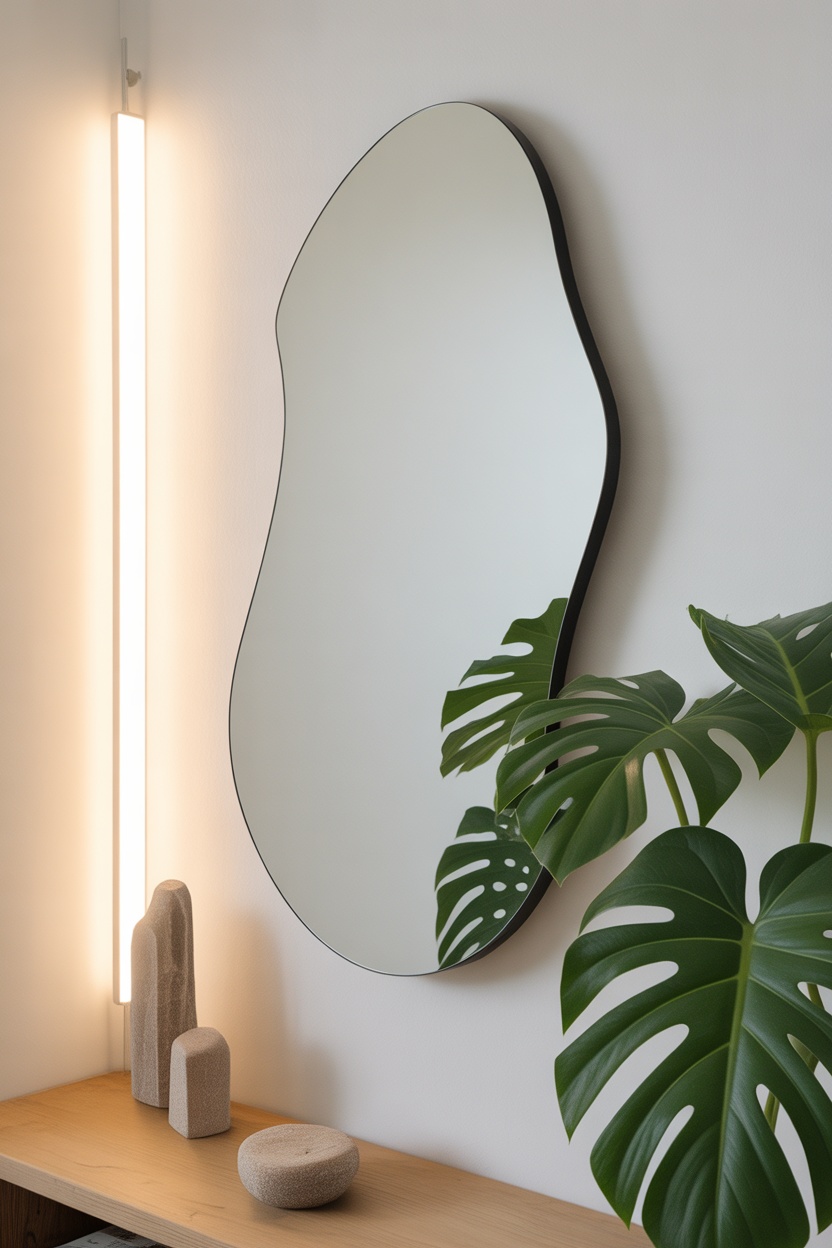 Miroir asymétrique organique cadre noir fin monstera plantes entrée minimaliste moderne
