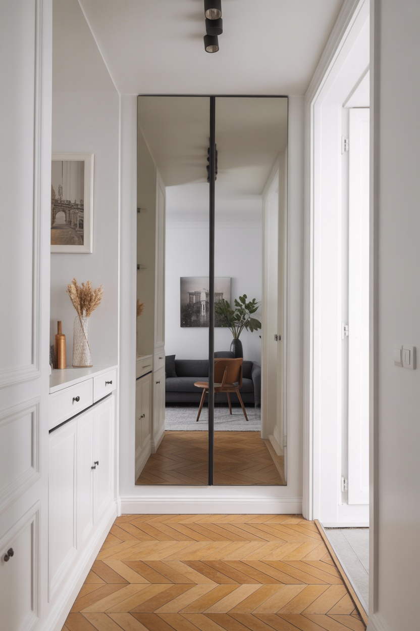 Miroir pleine hauteur cadre noir entrée moderne parquet chevron