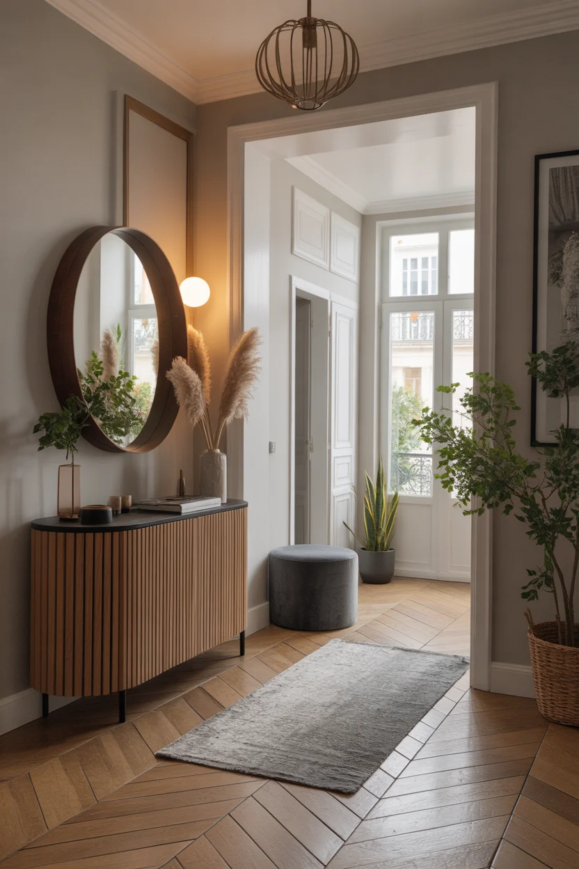 Entrée moderne avec miroir rond, console à lattes bois, pouf gris, tapis et plantes vertes, ambiance lumineuse haussmannienne.