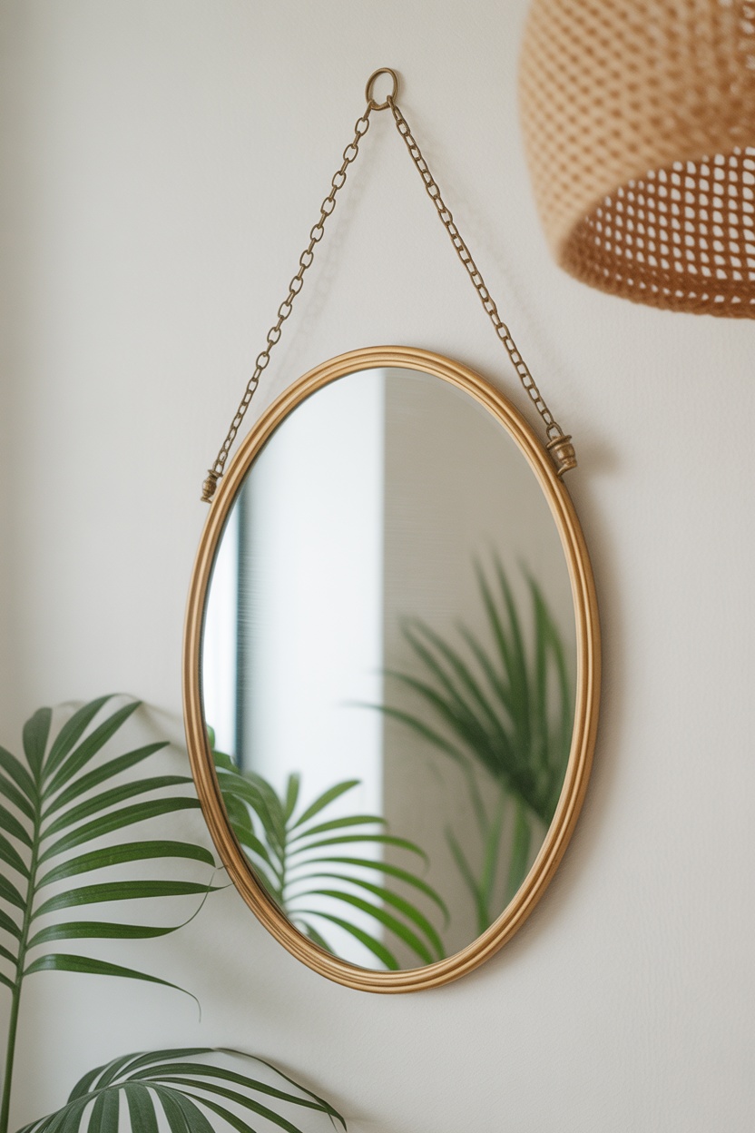 Miroir ovale suspendu chaîne dorée cadre laiton plantes vertes entrée bohème
