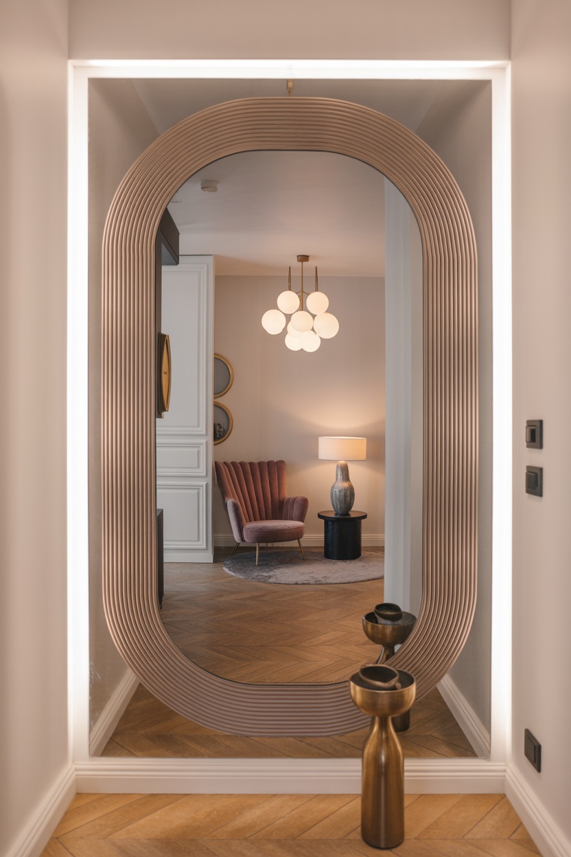 Miroir arche ovale cadre strié doré posé au sol niche blanche entrée
