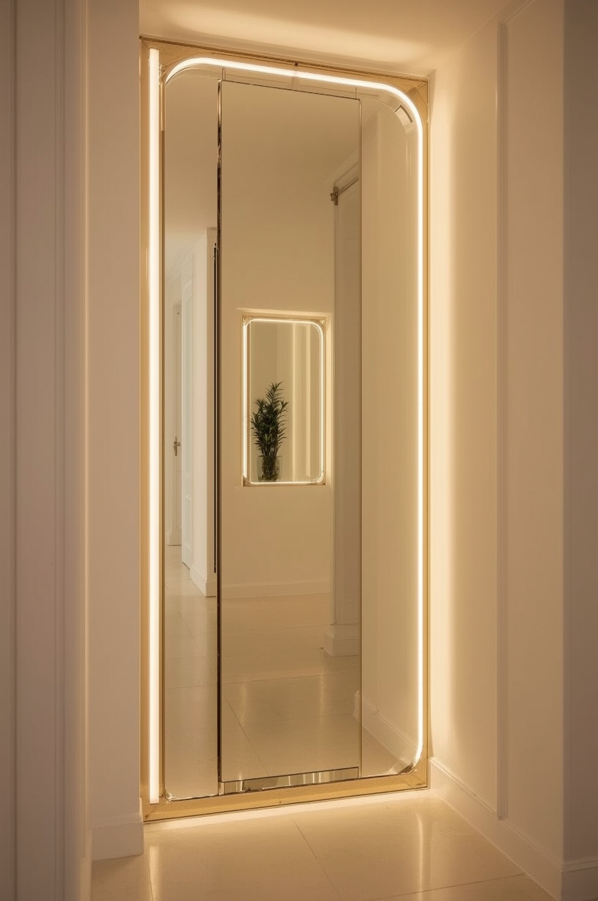 Miroir pleine hauteur LED intégré cadre doré angles arrondis entrée lumineuse
