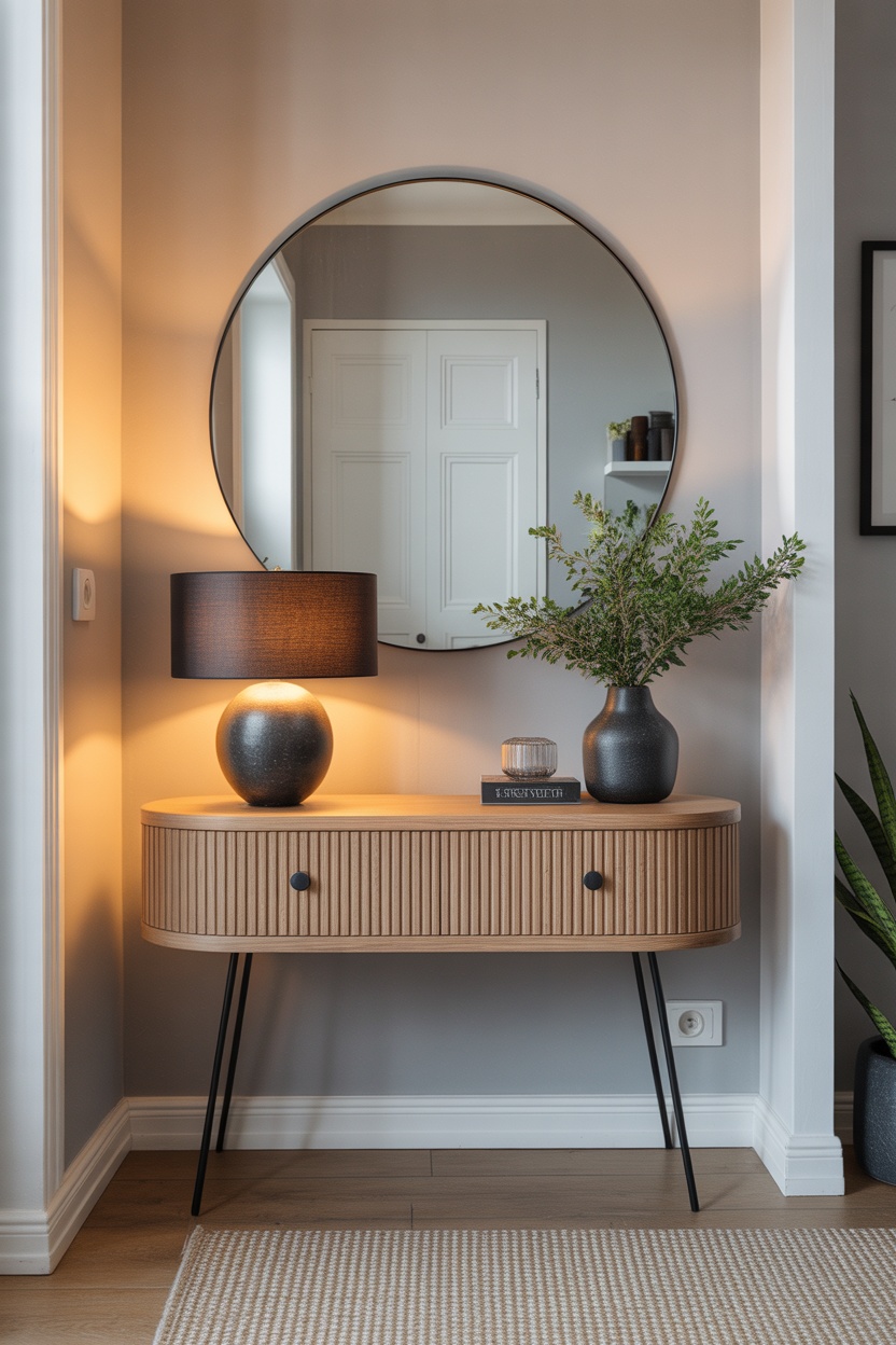 Miroir rond cadre noir au-dessus console bois cannelée entrée 