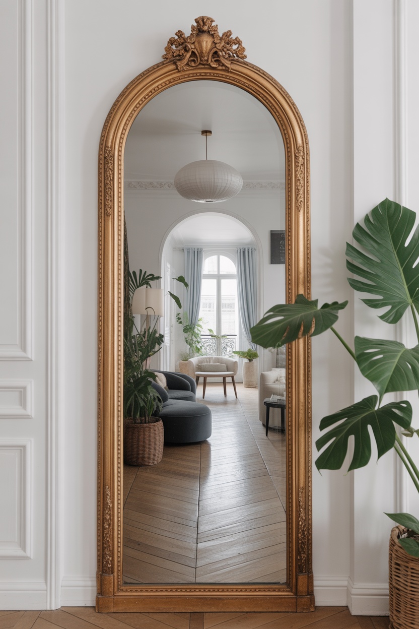 Miroir arche doré ornementation baroque pleine hauteur entrée haussmannienne plantes
