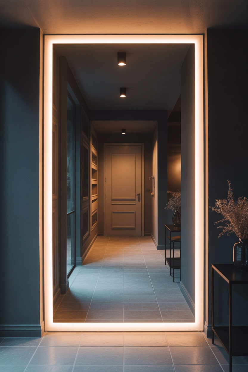 Miroir pleine hauteur avec éclairage LED intégré entrée moderne sombre