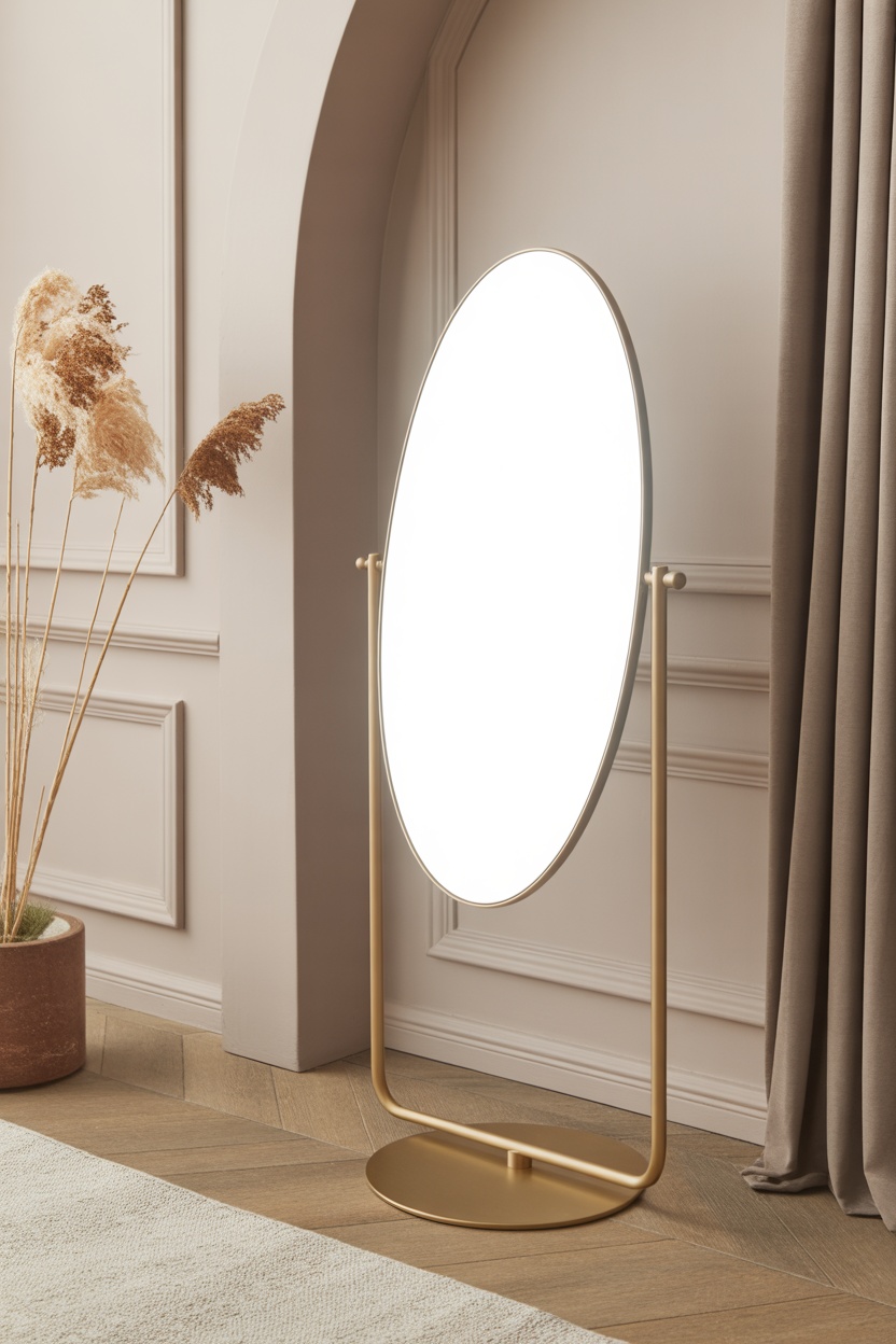 Miroir sur pied pivotant ovale laiton doré entrée élégante minimaliste

