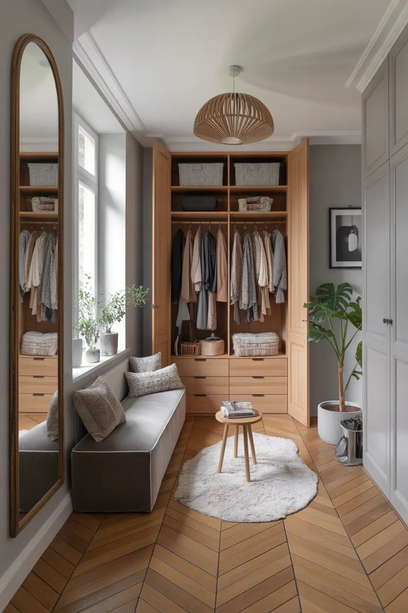 Dressing entrée maison moderne avec grand miroir arche et tapis blanc