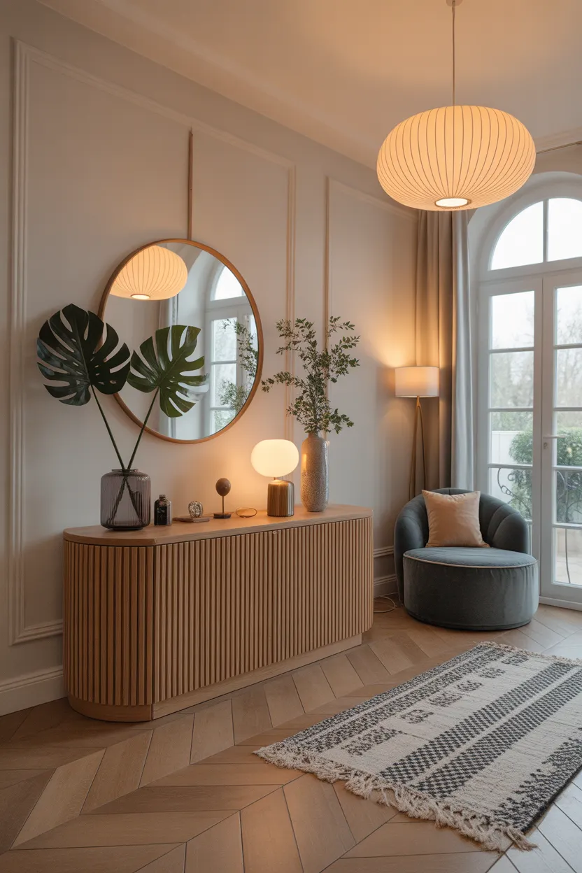 Buffet arrondi bois lattes, miroir rond, suspensions papier style japonais, fauteuil velours rond.