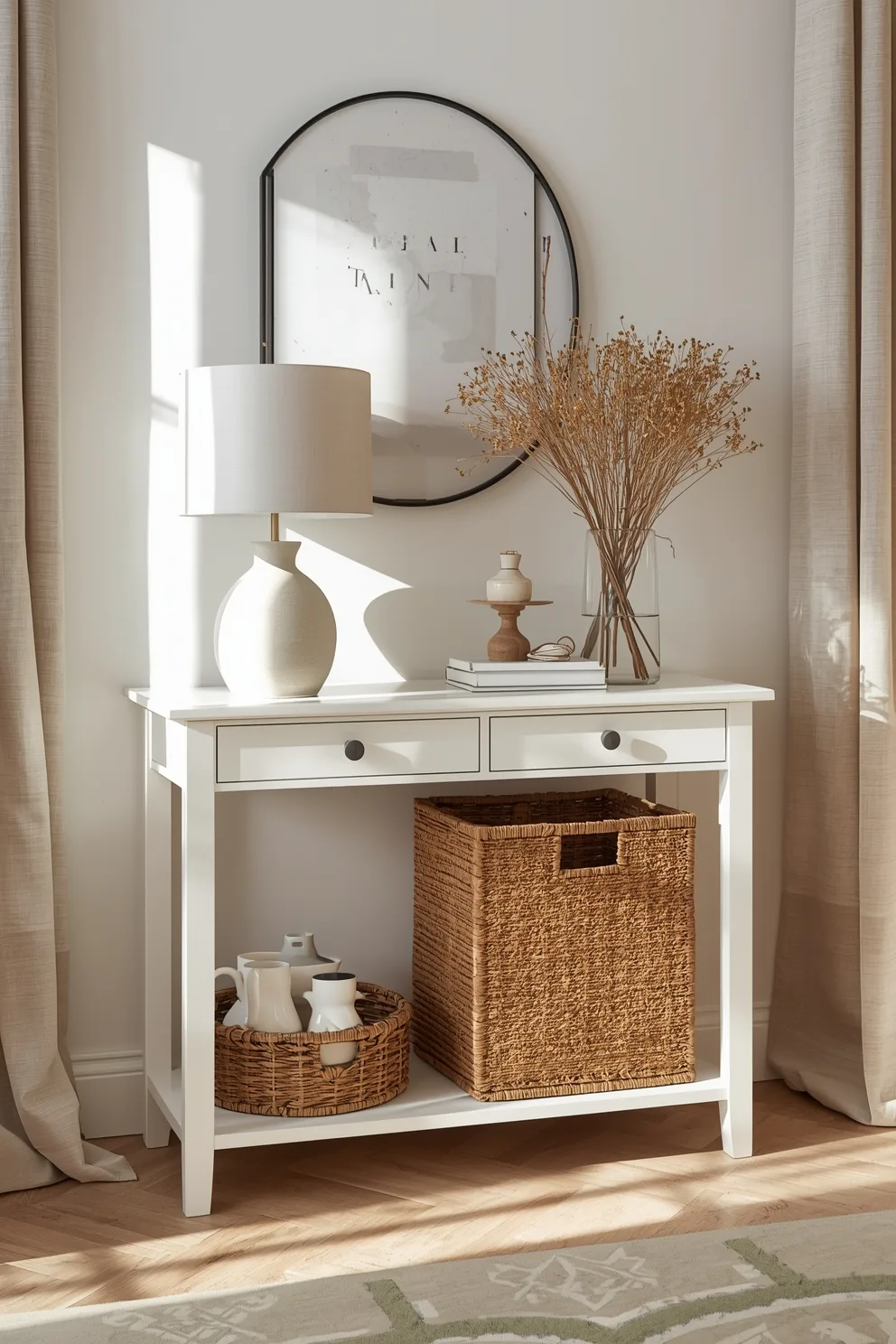 Console blanche deux tiroirs, grands paniers osier tressé, lampe céramique ronde, fleurs séchées.