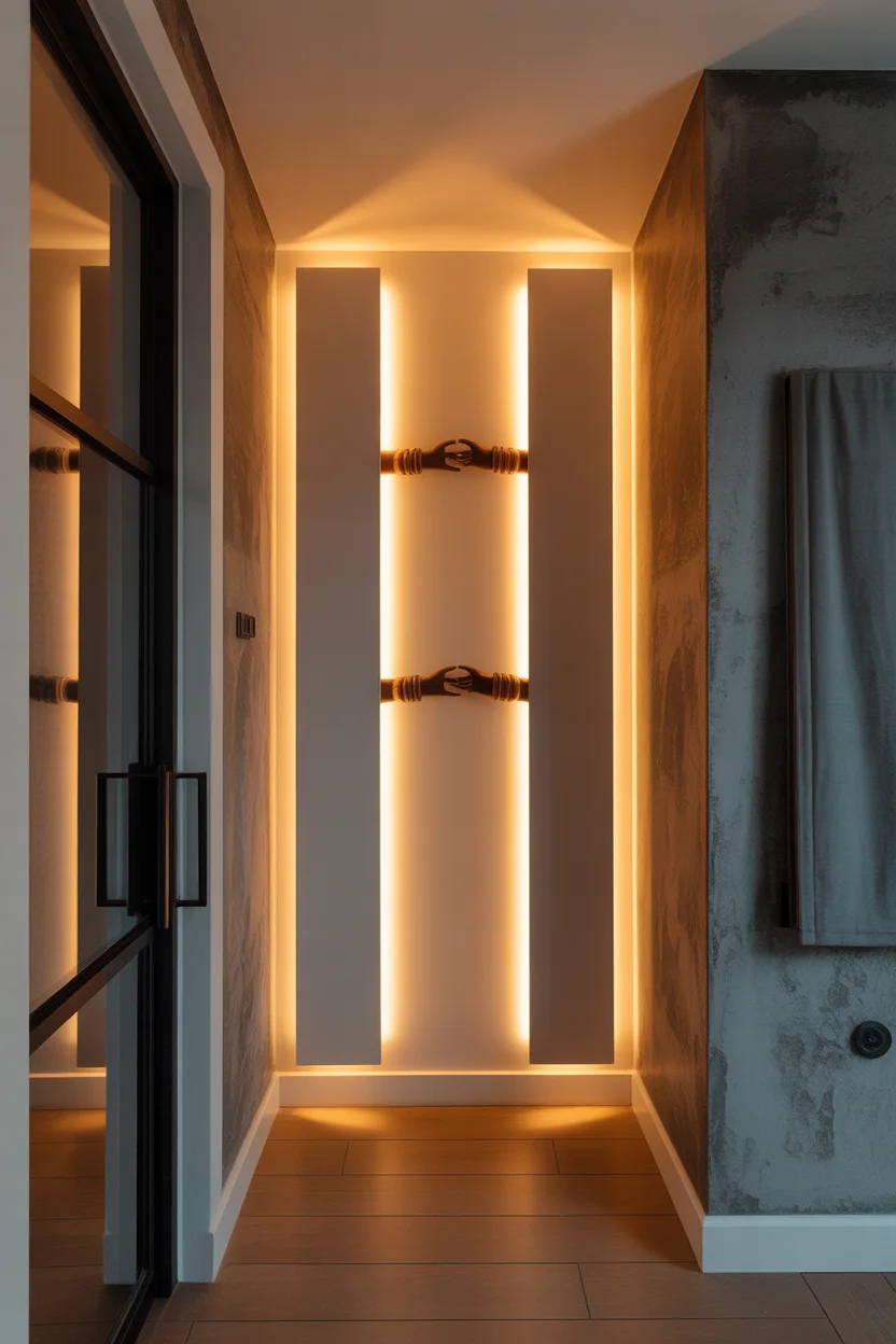 Applique murale verticale design avec éclairage LED indirect chaleureux dans un couloir moderne.