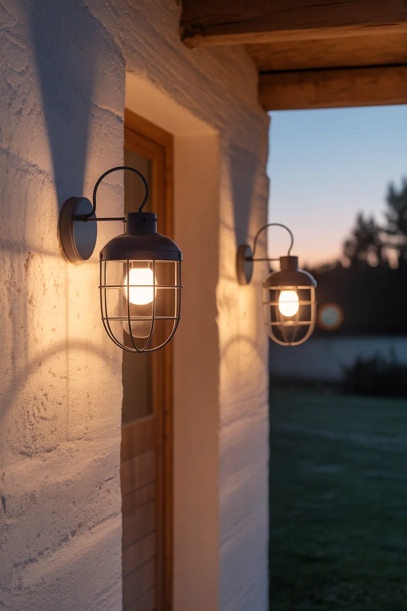 Duo d'appliques murales extérieures style lanterne cage allumées au crépuscule.
