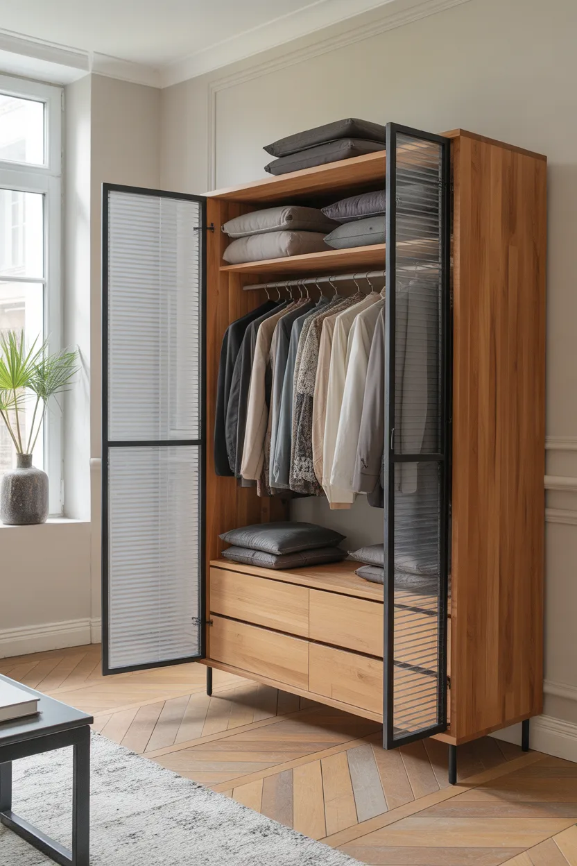 Armoire dressing entrée indépendante bois et portes grillagées métal