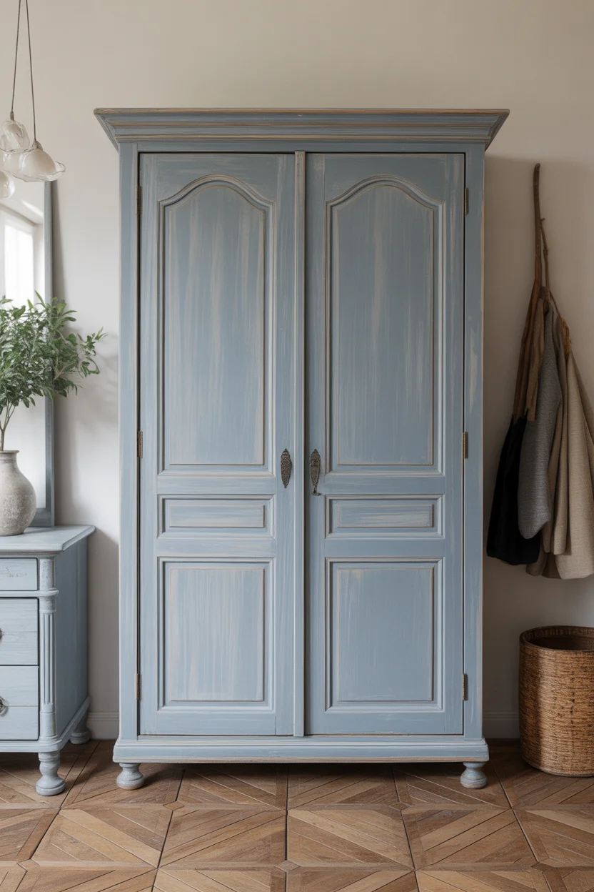 Armoire penderie vintage bleue patinée pour entrée maison