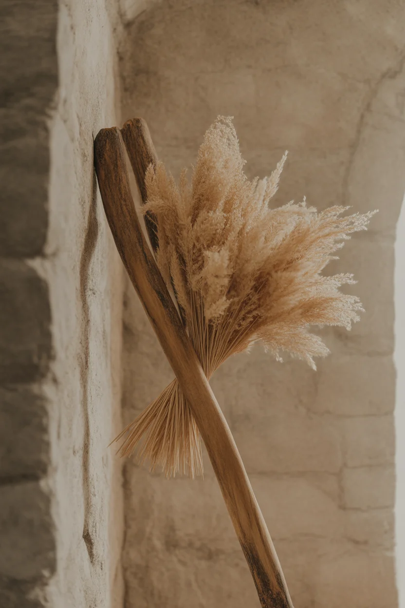 Balai décoratif artisanal en bois et fibres naturelles posé contre un mur en pierre.