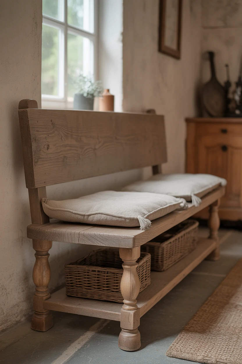 Banc d'entrée en bois patiné avec coussins en lin beige et paniers de rangement.