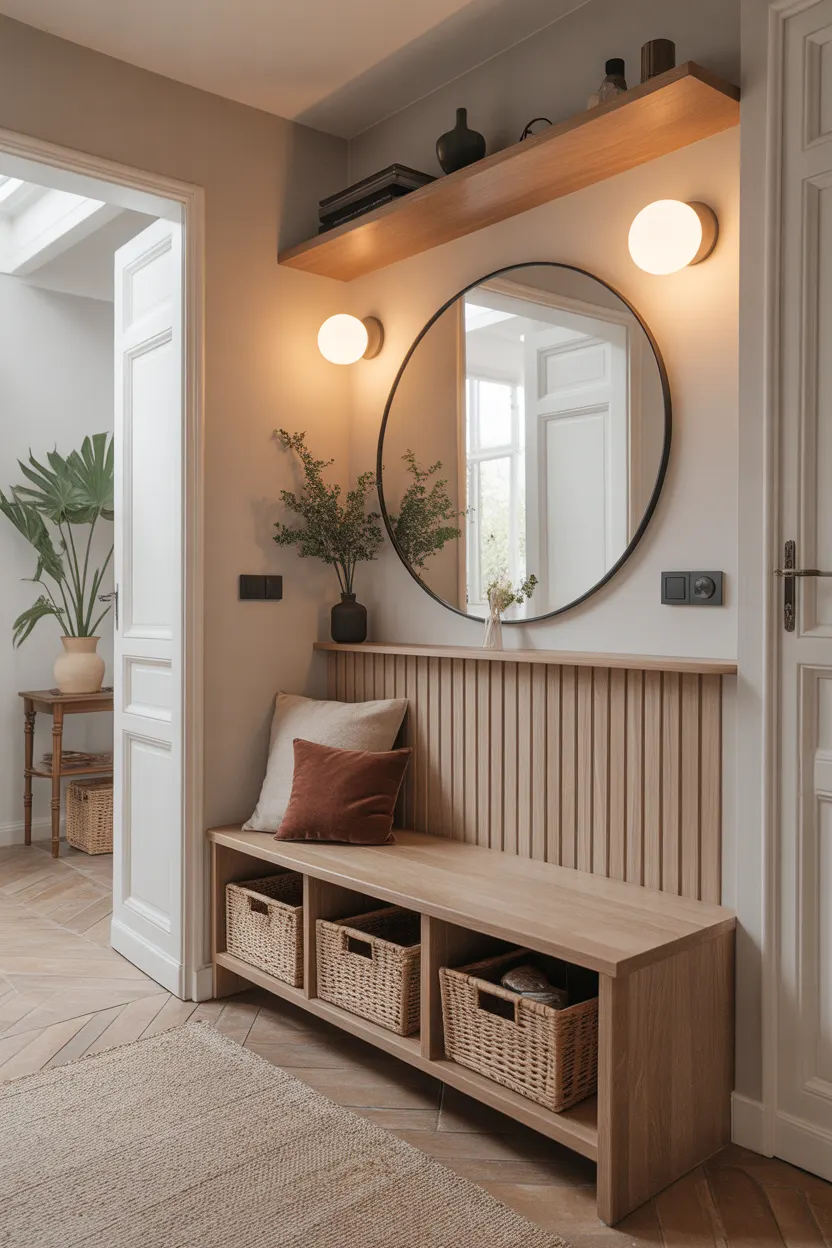 Petite entrée lumineuse avec banc en bois clair, claustra mural décoratif et paniers de rangement en osier sous l'assise.