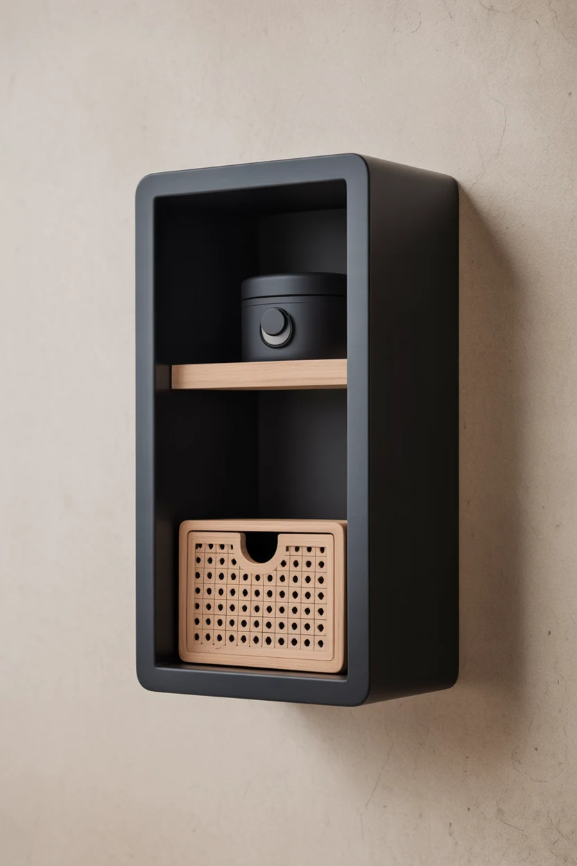 Petite étagère murale rectangulaire noire avec niche ouverte et petit tiroir en cannage.