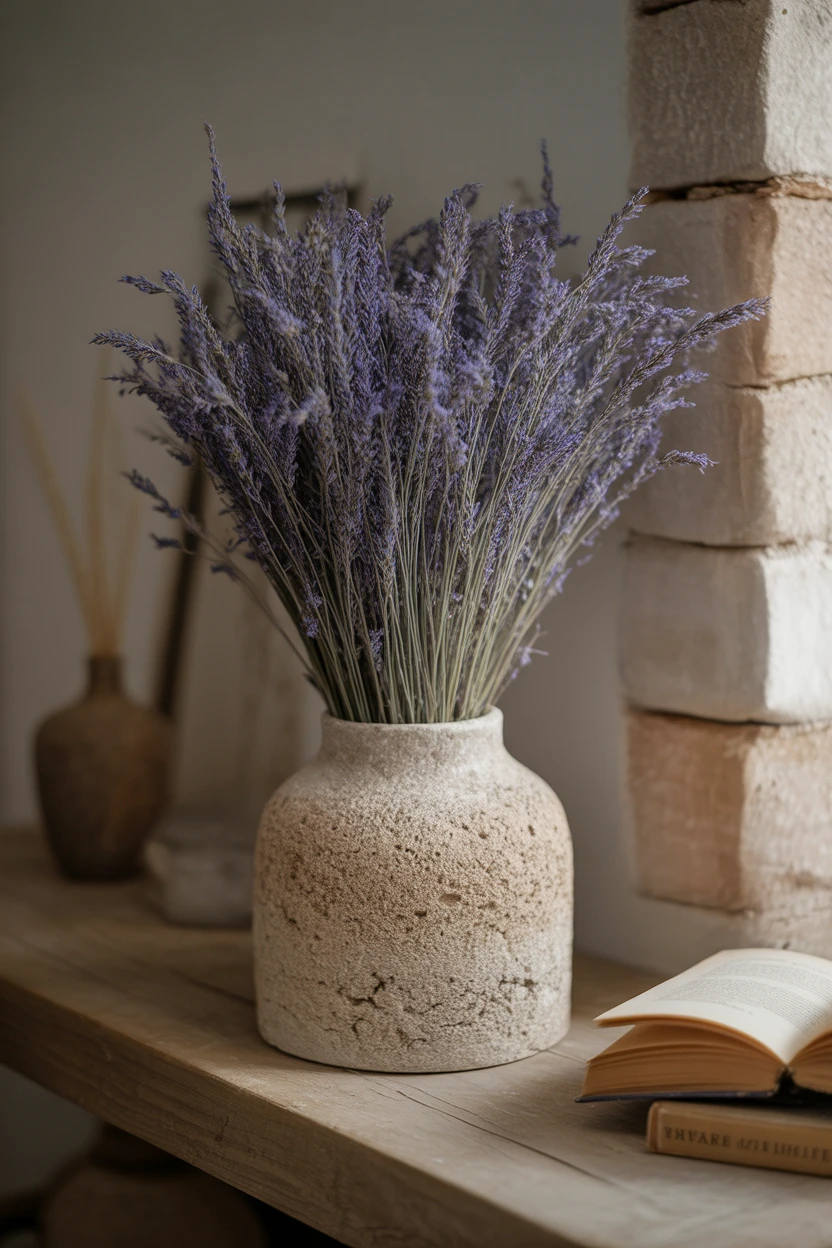 Vase en céramique texturée beige rempli d'un bouquet de lavande séchée.