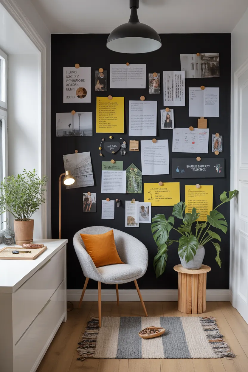 Mur noir servant de tableau d'affichage avec notes, photos et aimants, accompagné d'un coin lecture.