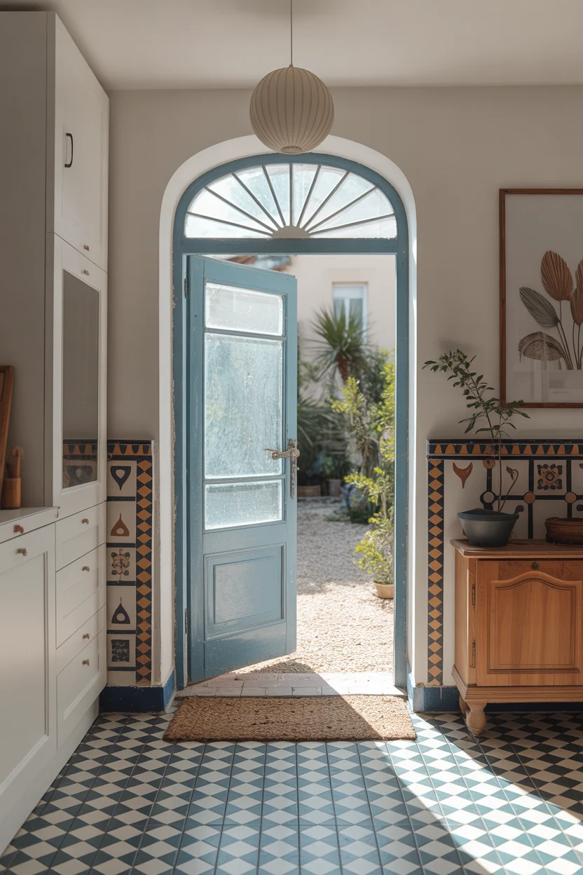 Carreaux de ciment bleus et blancs avec frise décorative dans entrée authentique porte cintrée méditerranéenne