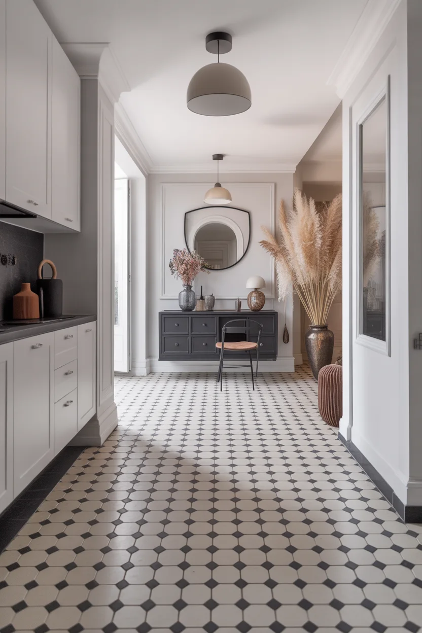 Carrelage hexagonal blanc et noir dans entrée moderne avec cuisine ouverte et décoration contemporaine
