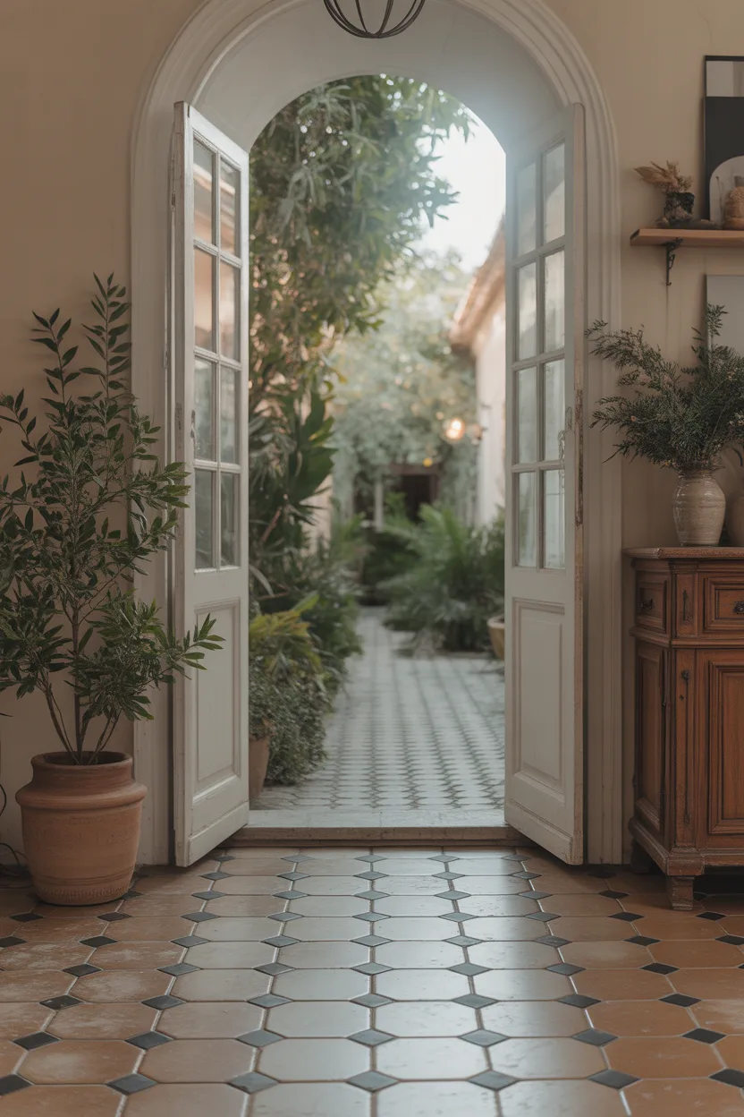 Entrée maison avec carrelage hexagonal en tommettes anciennes et petits carreaux noirs
