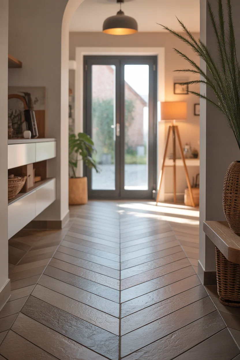 Carrelage imitation bois posé en chevrons dans une entrée moderne avec porte-fenêtre et décoration scandinave
