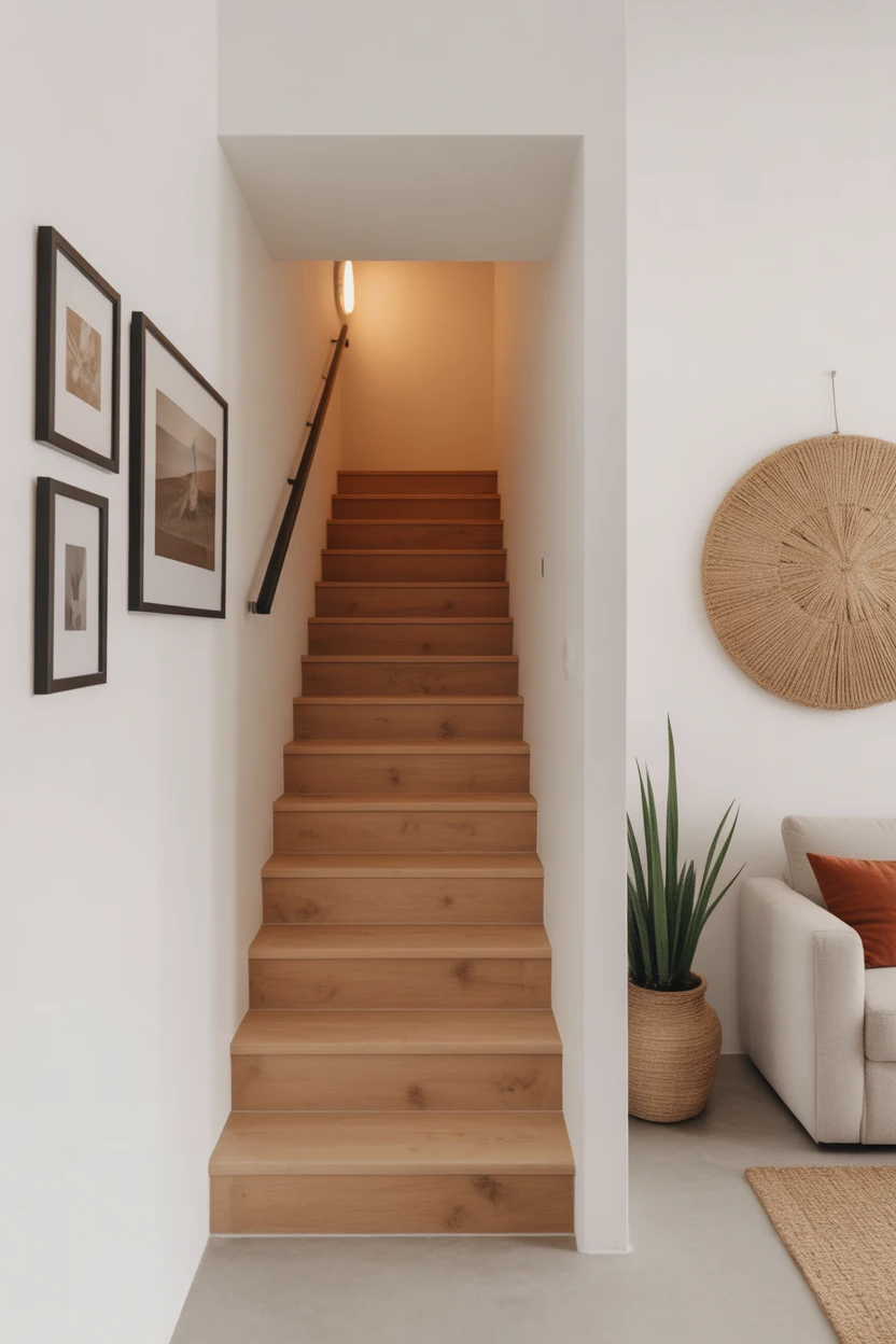 Escalier en bois épuré avec mur blanc décoré de trois cadres noirs alignés verticalement.