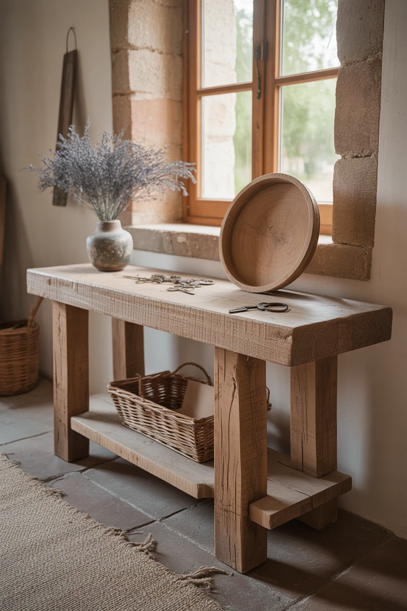 Console en bois massif brut recyclé devant une fenêtre avec murs en pierre.