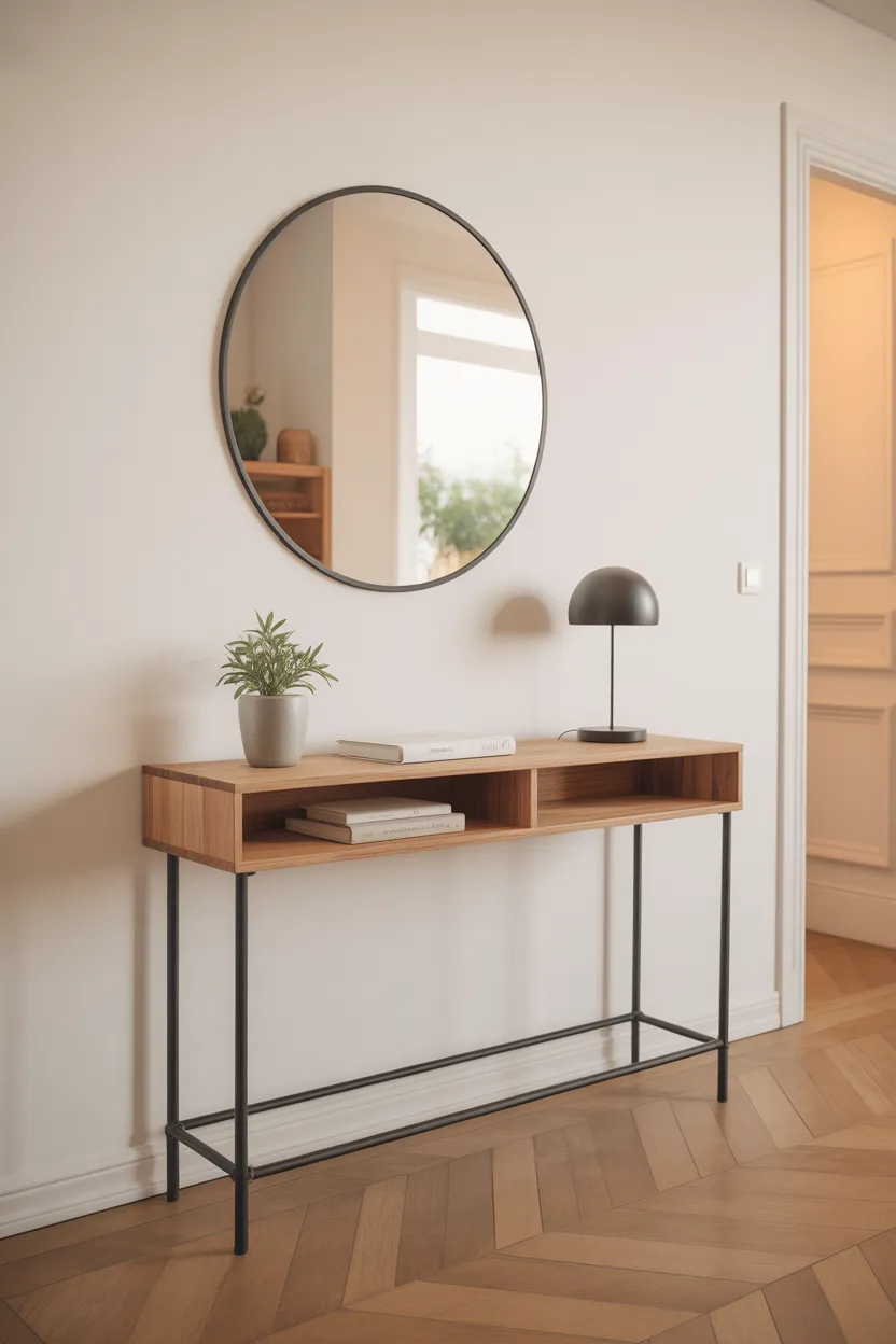 Console étroite en bois et métal noir placée sous un miroir rond dans une entrée au style minimaliste.