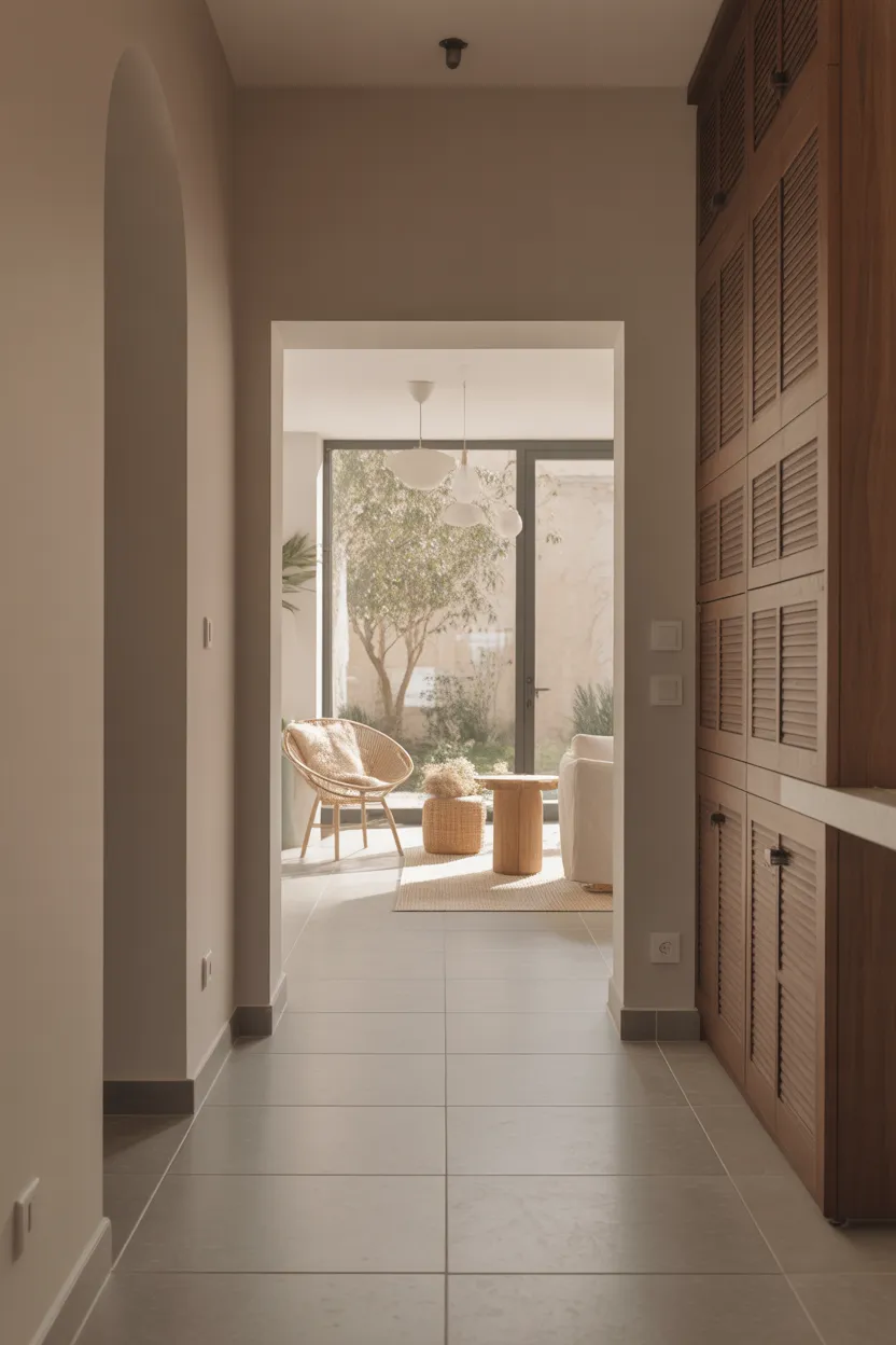 Carrelage grand format beige dans couloir moderne avec rangements bois et vue sur terrasse
