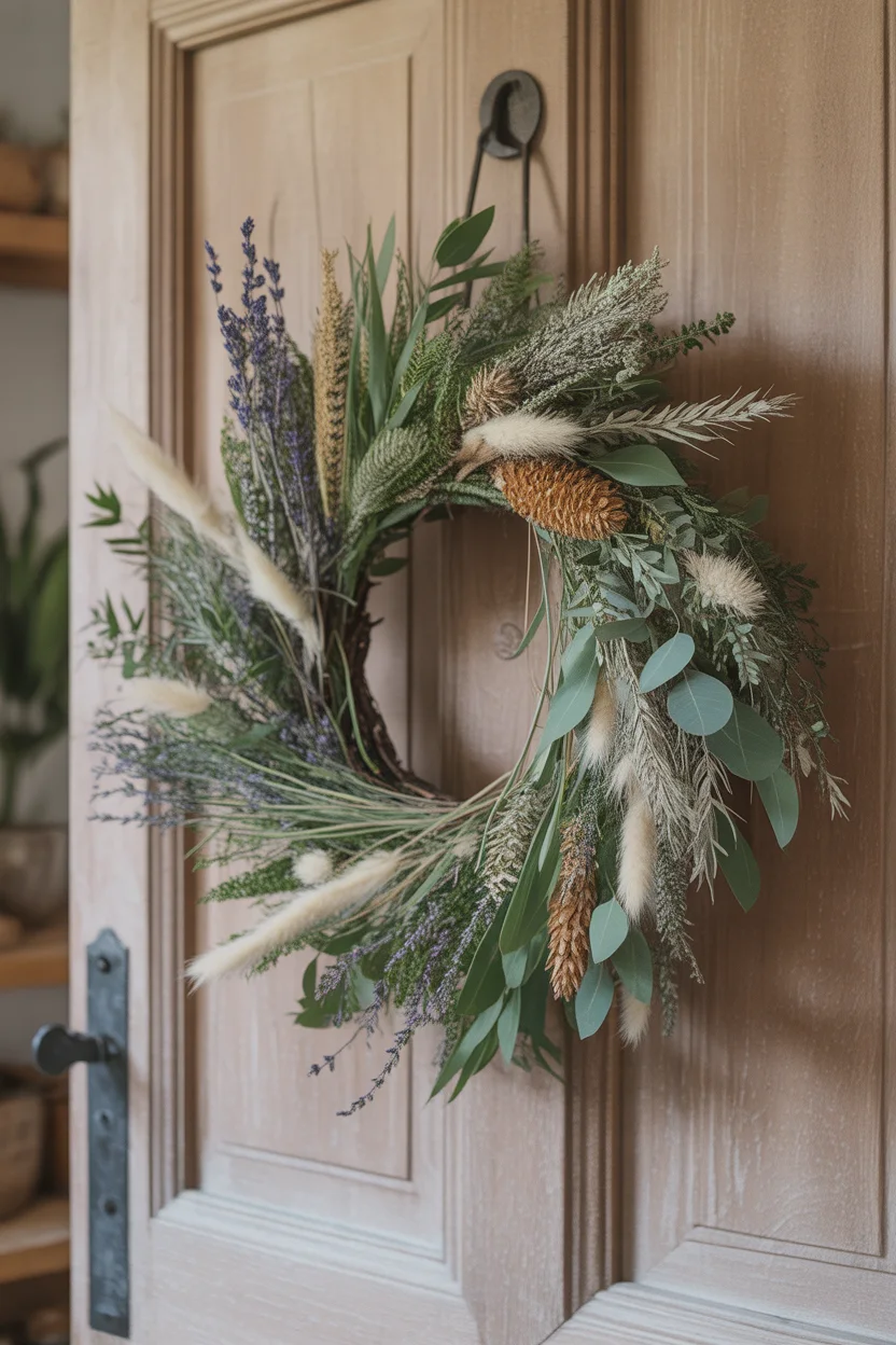 Couronne de fleurs séchées et feuillages variés accrochée sur une porte en bois.