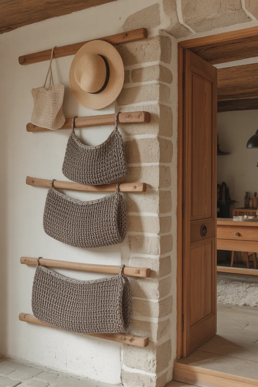 Système de barres en bois murales avec crochets supportant des sacs en tricot et un chapeau.