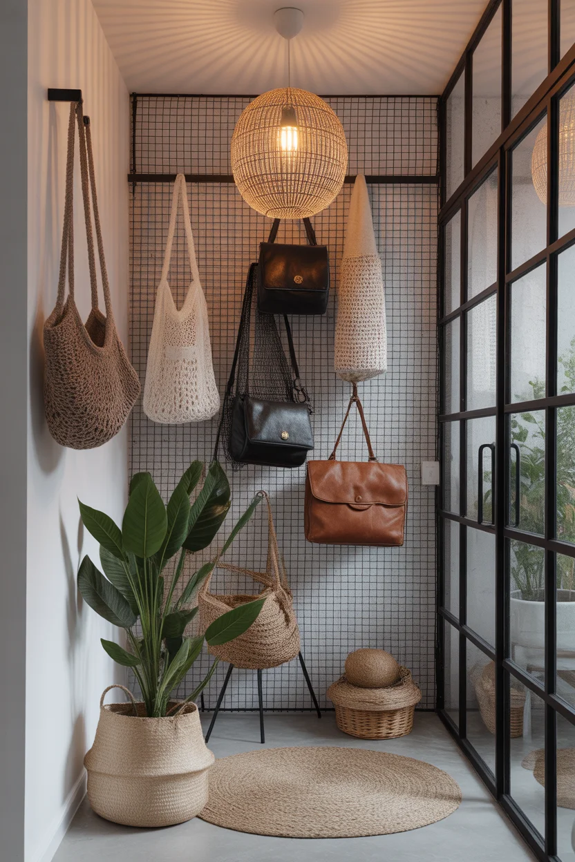 Grille métallique noire fixée au mur servant de support pour nombreux sacs et paniers suspendus.