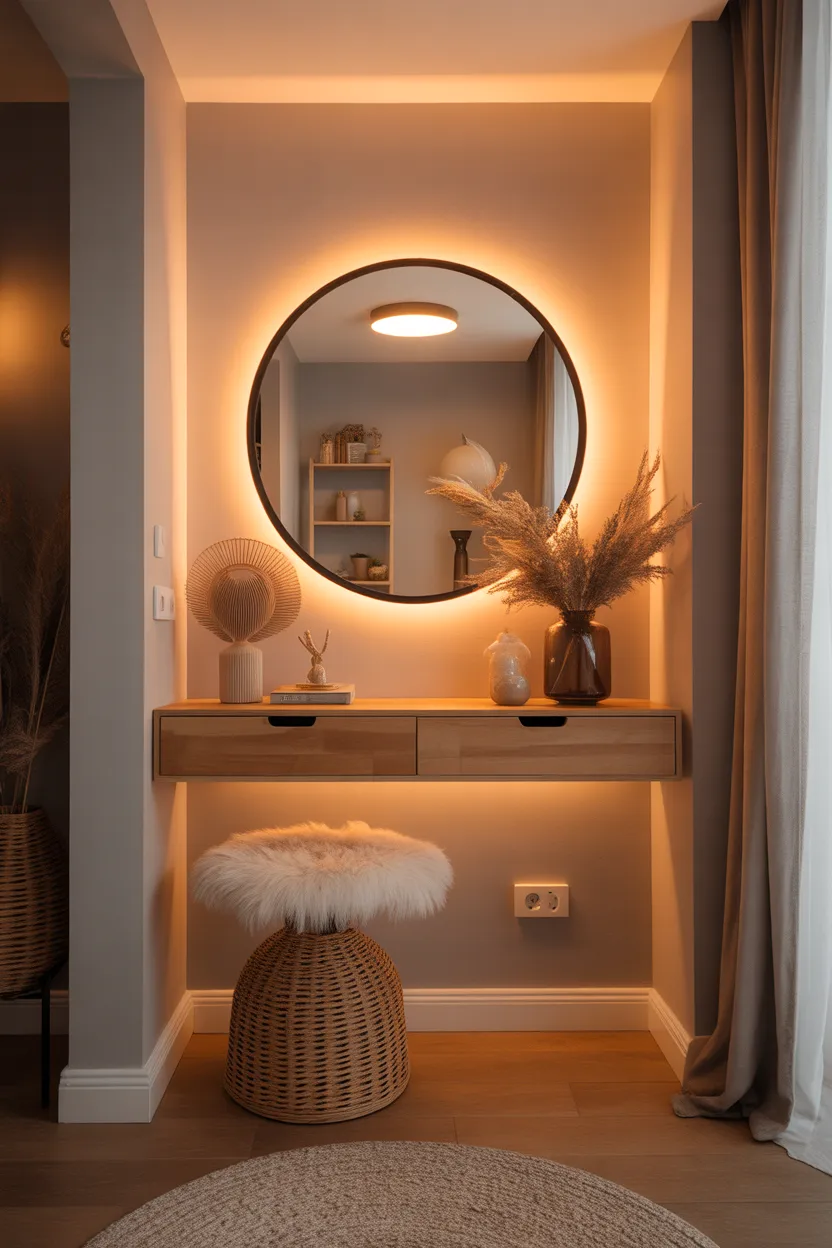 Espace entrée aménagé en coiffeuse avec miroir rond rétroéclairé par LED, console suspendue et tabouret en fourrure.