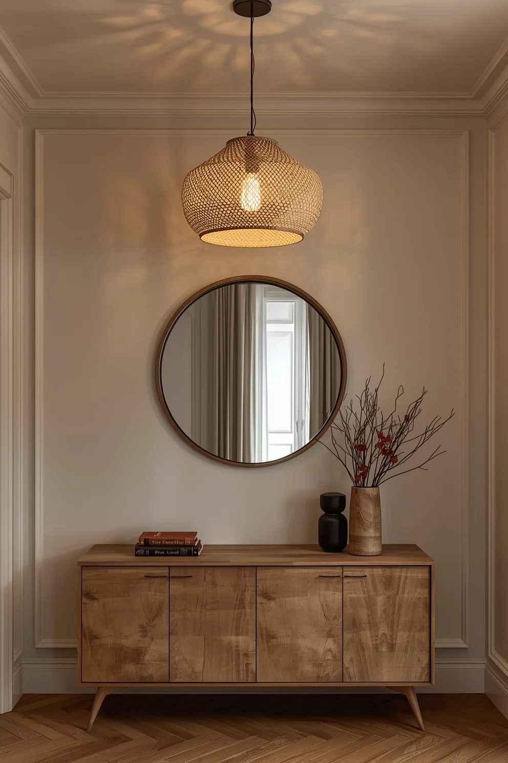 Plafonnier sculptural en osier tressé suspendu au-dessus d'une console en bois clair, miroir rond et vase décoratif.