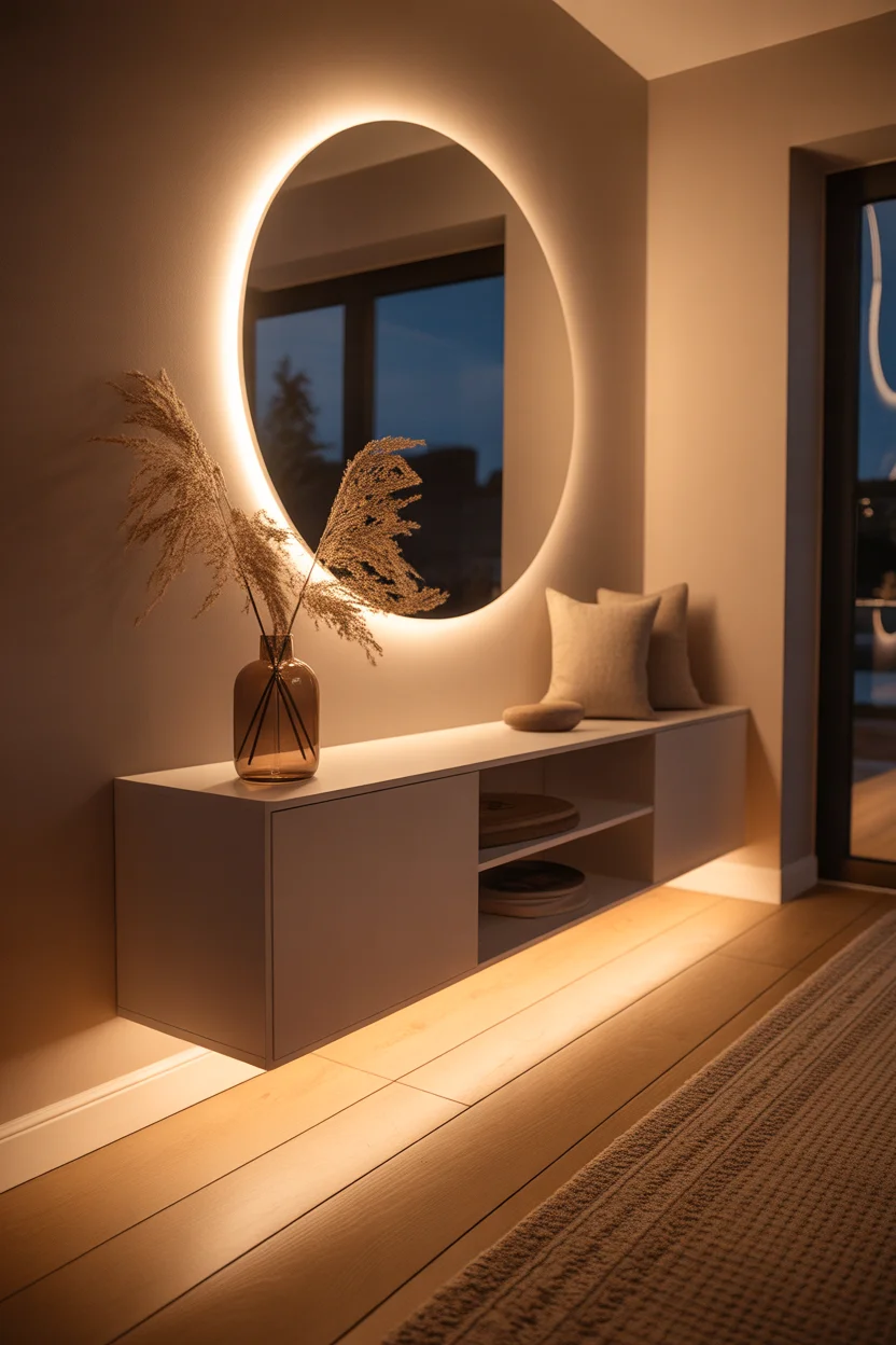 Console suspendue blanche avec miroir rond rétro éclairage LED